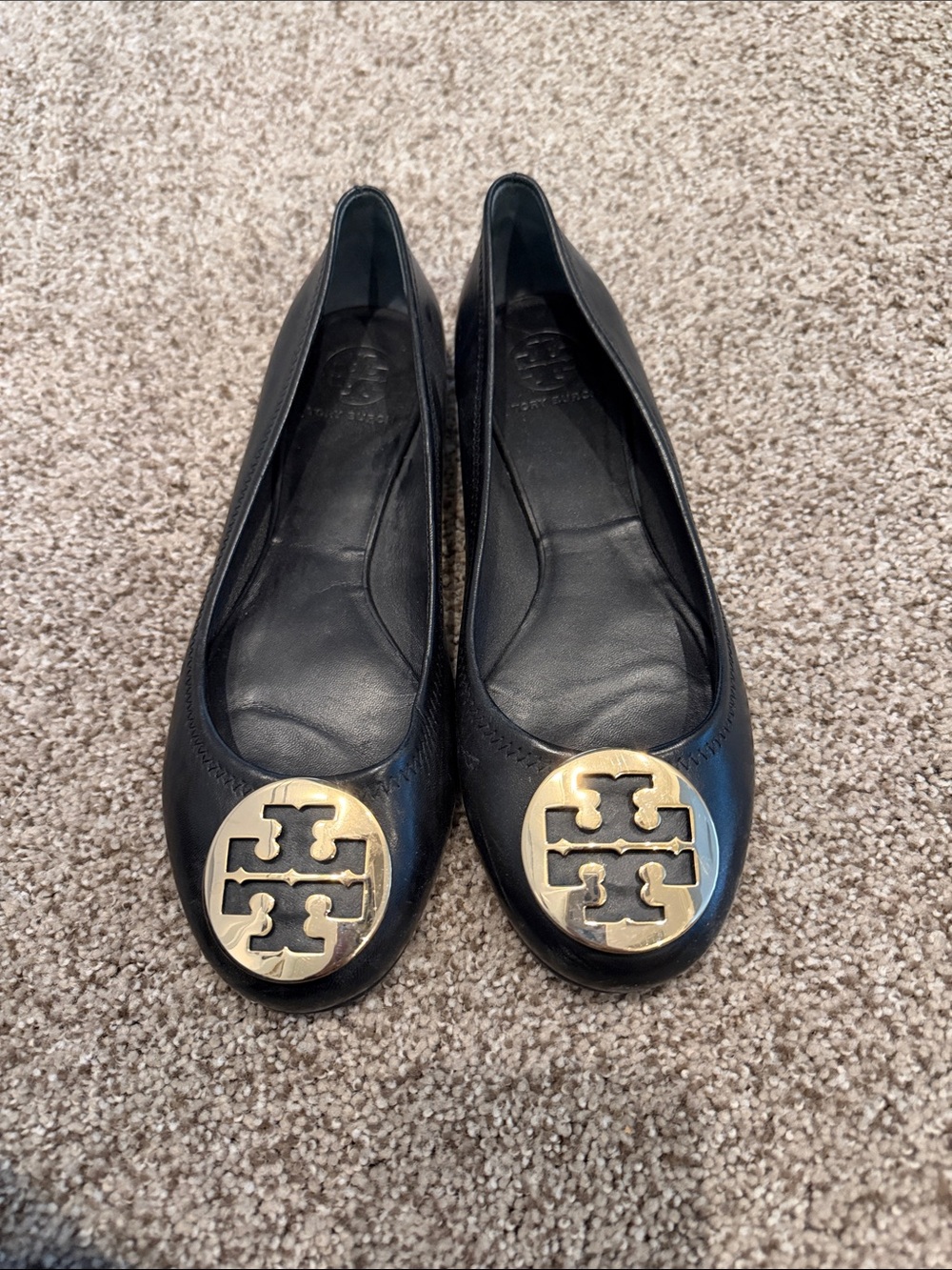 Tory Burch Black Leather Logo Round-Toe Flats with Gold Medallion